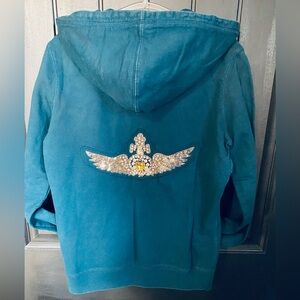 VTG TWISTED HEART Teal Hooded Zip-Up Sweatshirt szM